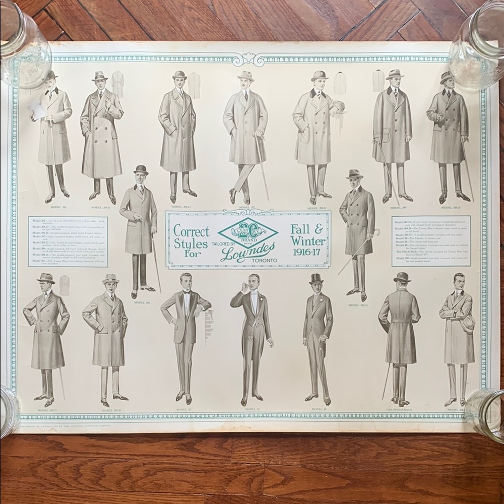 Antique Vintage Fall Winter 1916 1917 Lowndes Toronto Men Fashion Advert Poster